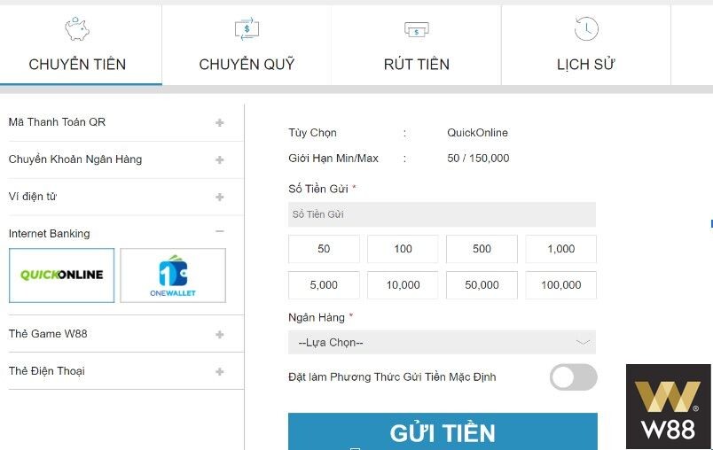 Nạp tiền W88 qua internet banking