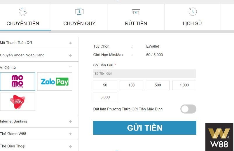 Nạp tiền W88 qua ví điện tử