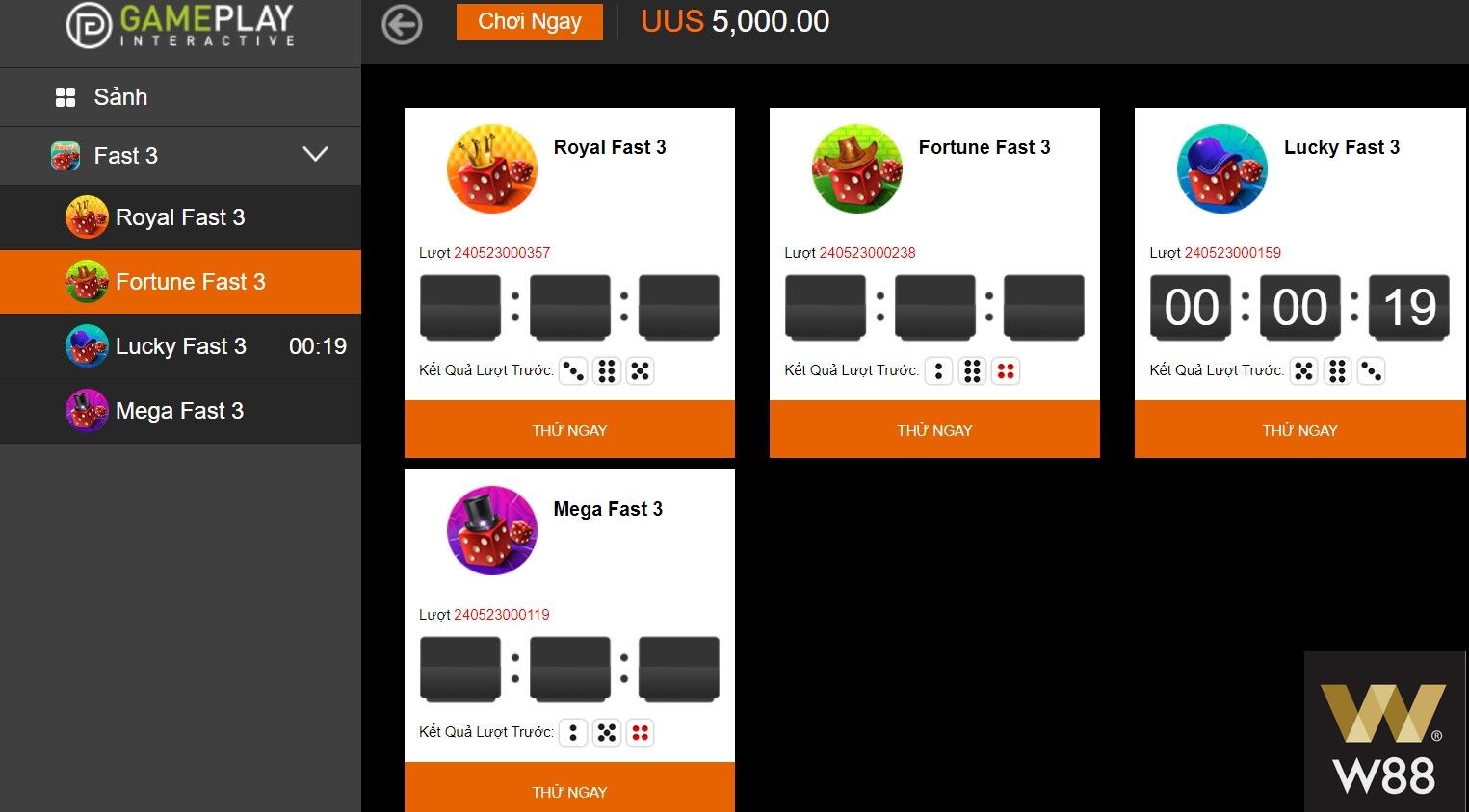 Các sảnh chơi tại Xổ số Fast 3 W88